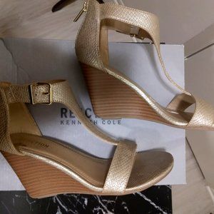 T Strap Gold Ankle Wedge Shoe